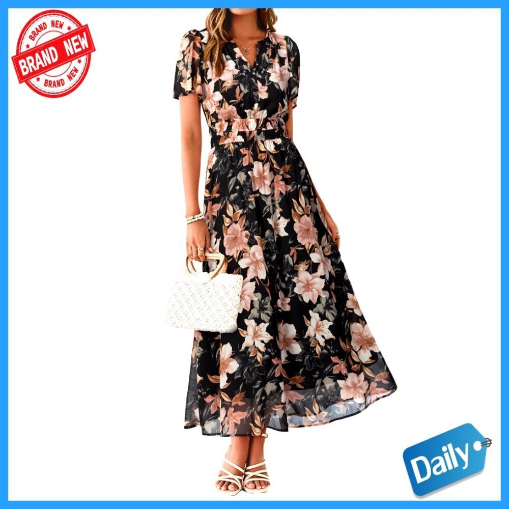 Floral Maxi Dress Chiffon V Neck Short Sleeves Wedding Guest Boho